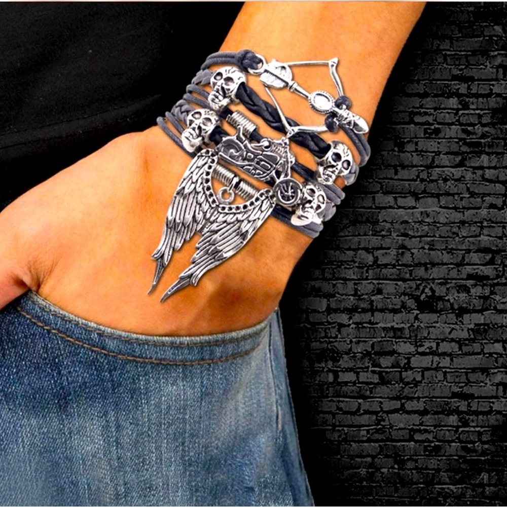 Punk Men Bracelet Arrow Skull Angel Wing Biker Charm PU Leather wrap bracelet